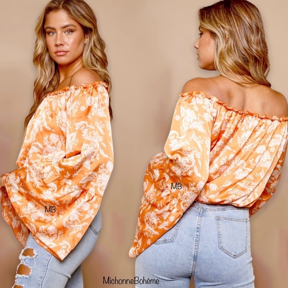 Orange Spring Floral Crop Top Blouse - Picture 9 of 11